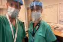 Drs Ali Arnaout and Susan Murphy wearing the face shields at Addenbrooke's Hospital, Cambridge