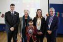 Winning pupil Krishna with the judging panel at Felsted's World Speech Day