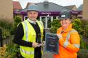 Stuart Jones receives the regional prize in the Bellway Health and Safety Awards from group health and safety director, Claire Birkhead
