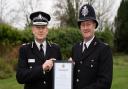 Police Constable Steven Aspinall, who disarmed a man with an axe in Braintree, receives the Commendation from Essex Police Chief Constable BJ Harrington