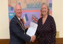 Great Dunmow mayor Councillor Patrick Lavelle and council clerk Caroline Fuller who is stepping down