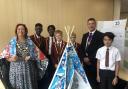 Felsted pupils with Mayor of Chelmsford Linda Mascot and Ian Mascot, and their insulating tent made of recycled crisp packets