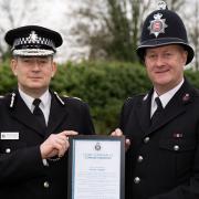 Police Constable Steven Aspinall, who disarmed a man with an axe in Braintree, receives the Commendation from Essex Police Chief Constable BJ Harrington
