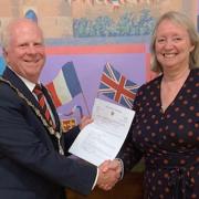 Great Dunmow mayor Councillor Patrick Lavelle and council clerk Caroline Fuller who is stepping down