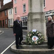 Great Dunmow town mayor Mike Coleman and clerk Caroline Fuller laid a wreath at the War Memorial, in tribute after Prince Philip's death was announced.