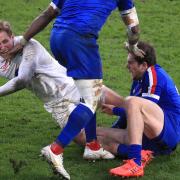 England's Max Malins is tackled by France's Alivereti Raka during the Autumn Nations Cup match at Twickenham in December.
