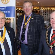 Peter Watson, Dunmow Rotary Club president, Thomas Mulligan of Athlone Rotary and Mayor of Dunmow Cllr Patrick Lavelle at Takeley Rotary Club\'s charter night