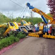 A crane had to be rescued from a ditch between Leaden Roding and High Easter