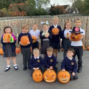 Pupils from Helena Romanes School with their carved pumpkins