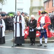 Reverend Tom Warmington, Elsie Bouffleur of St Mary's Church, Margaret Cole and Town Crier Jody Huizar marked Remembrance Sunday in Dunmow