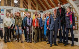 Great Dunmow mayor Patrick Lavelle and artists at the launch of the Crafting Conversations exhibition, Great Dunmow Maltings and Museum